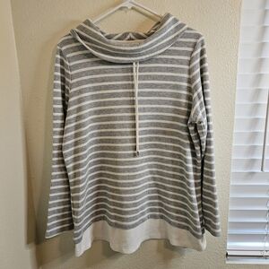 Elegant Gray and White Striped Women's Turtleneck Sweater
